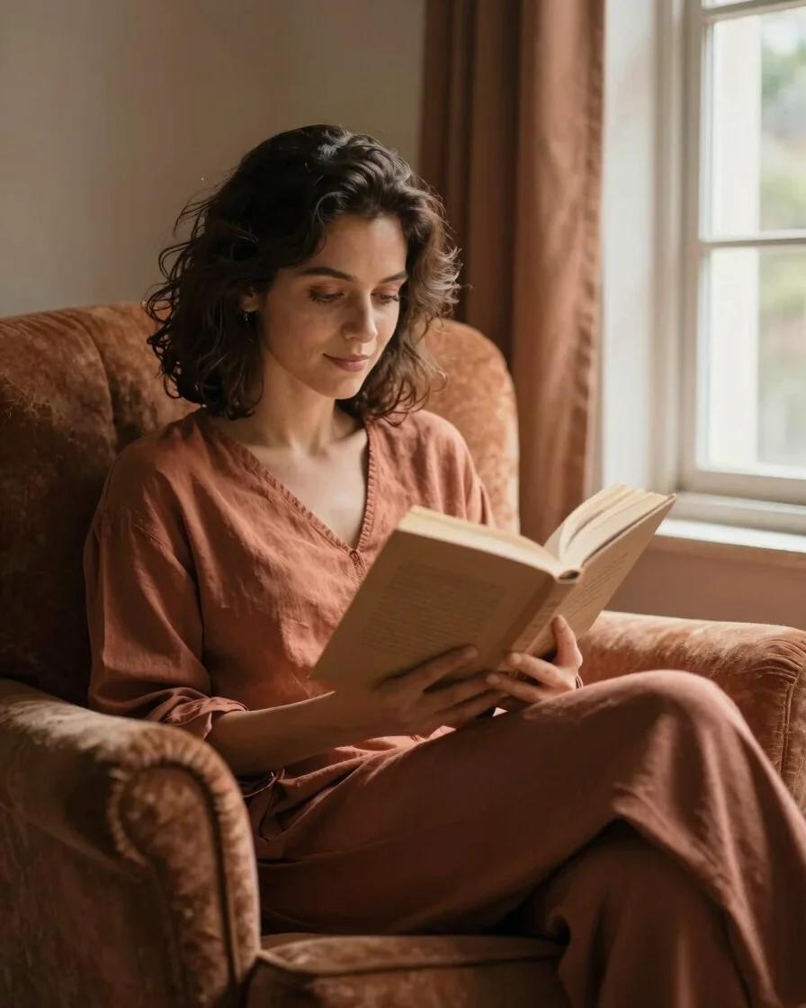 Mulher lendo um livro em uma poltrona aconchegante perto de uma janela, luz natural suave, tons de ameixa e terracota, f