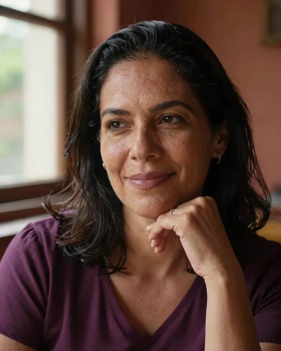 Close-up portrait of a thoughtful Brazilian woman in her 40s, sof